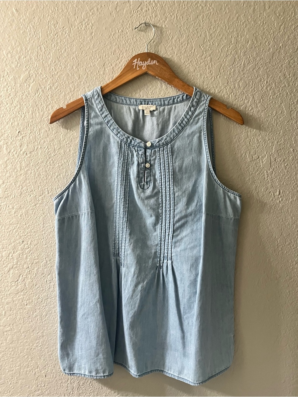 Light Blue Sleeveless Pintuck Chambray Top